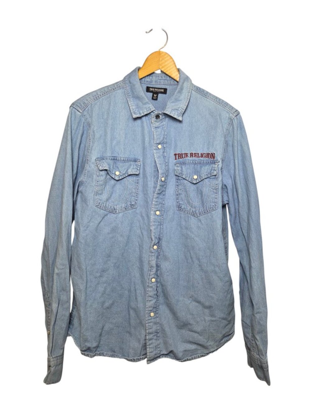 True Religion Mens Medium Blue Denim Western Shirt Pearl Snap Button Long Sleeve